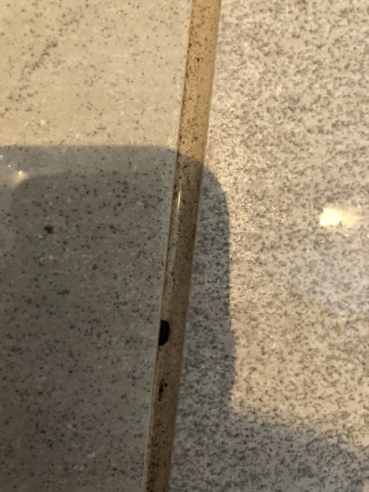 Närbild på badrumsgolvklinkers där fogmassan mellan plattorna är bortsliten och visar underlaget.
