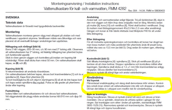 Skärmdump av monteringsanvisningar med en markerad text om åtgärder för att förhindra frysskador på vattentut.