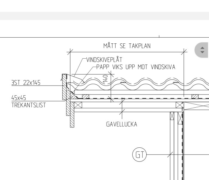 Detaljerad ritning av takkonstruktion med måttangivelser för byggelement och material.