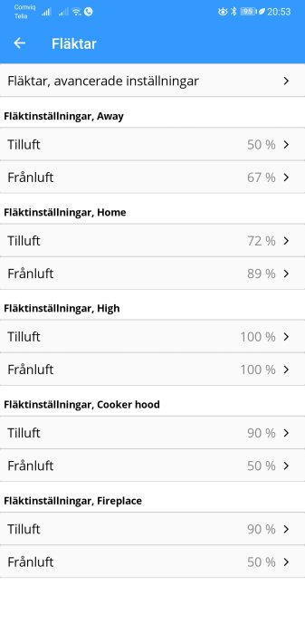 Skärmbild av avancerade fläktinställningar för olika lägen som 'Away', 'Home', och 'High' i en ventilationsapp.