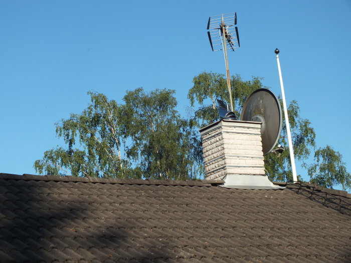 Tak med skorsten, TV-antenn och parabol, mot bakgrund av träd och blå himmel.