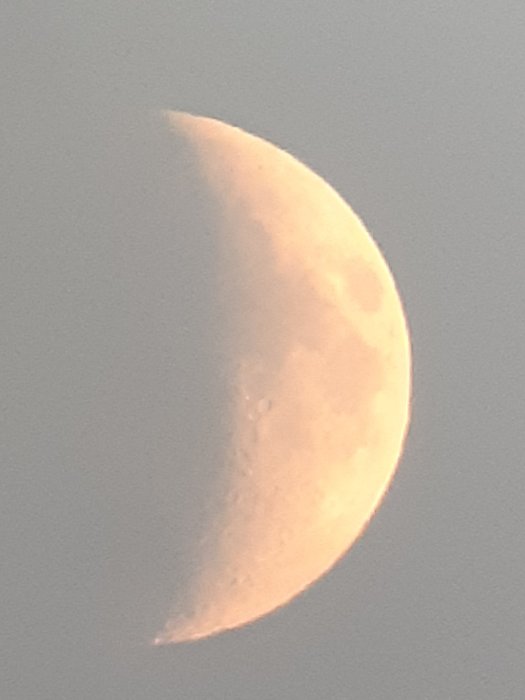 Mobilfoto av månens halva synlig genom en tubkikare med lätt suddig bildkvalitet.