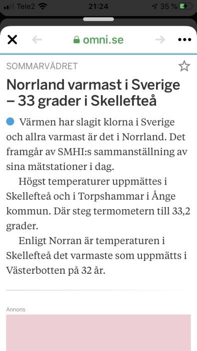 Skärmdump från Omni.se visar rubriken "Norrländ varmast i Sverige - 33 grader i Skellefteå