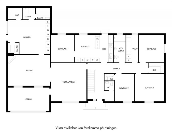 Svartvit ritning av en planlösning för ett hus med markerade rum som kök, vardagsrum, sovrum och bastu.