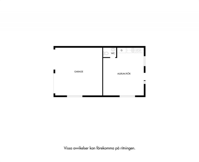 Skiss av en planlösning för nedervåningen med allrum/kök, WC, och garage markerade.