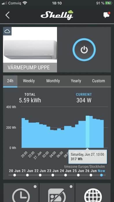 Energianvändningsdiagram för värmepump med driftstatus, visar förbrukning på 5.59 kWh totalt och 304 W för tillfället.