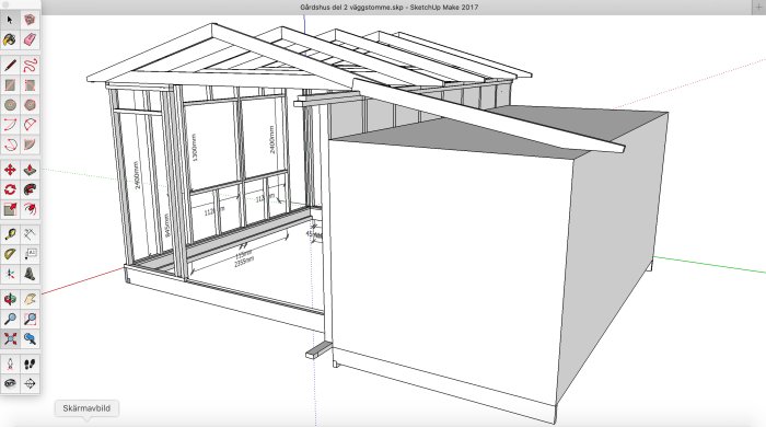 3D-ritning av hus med utbyggnad och takstolar, strategi för ökad takhöjd diskuteras.