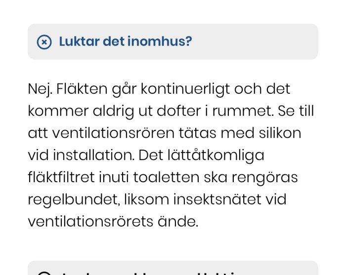 Skärmdump av ett foruminlägg om kontinuerlig ventilation och underhållstips.