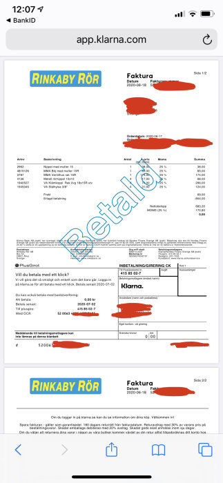 Skärmdump av en Klarna-faktura för ett köp hos Rinkaby Rör med detaljer omfattade.