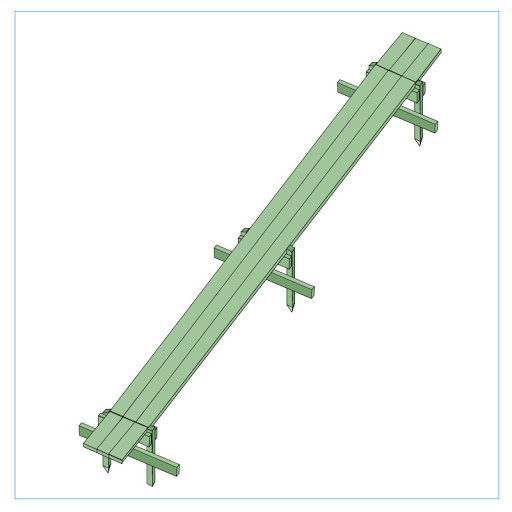 3D-modell av en lutande träkonstruktion med pålar för fundament.