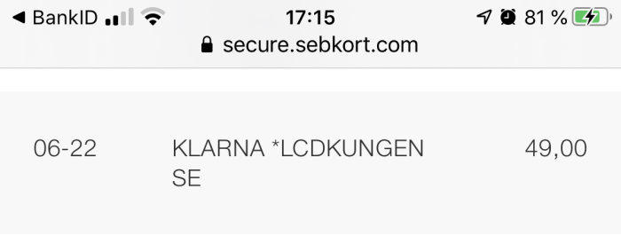 Skärmbild av mobilbankstransaktion med Klarna-betalning på 49 SEK på secure.sebkort.com webbplats.