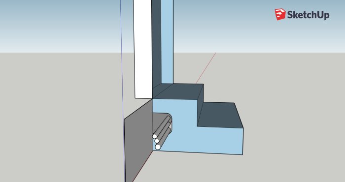 Skiss i SketchUp av en tvåstegstrappa med 250mm djupa steg, ritad i grå och blå toner, med märkning av dimensioner.