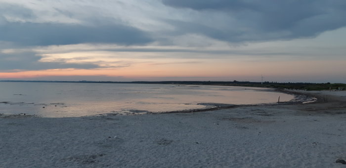 Kvällsvy över Barsebäck strand med en solnedgång som speglar sig i vattnet och en sandstrand i förgrunden.