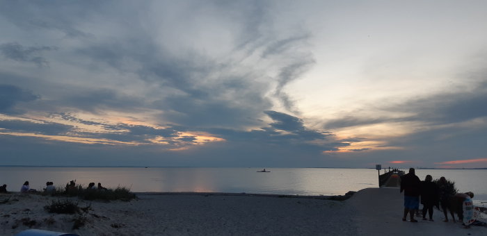 Solnedgång vid Barsebäck strand med människor och en hund vid vattnet.