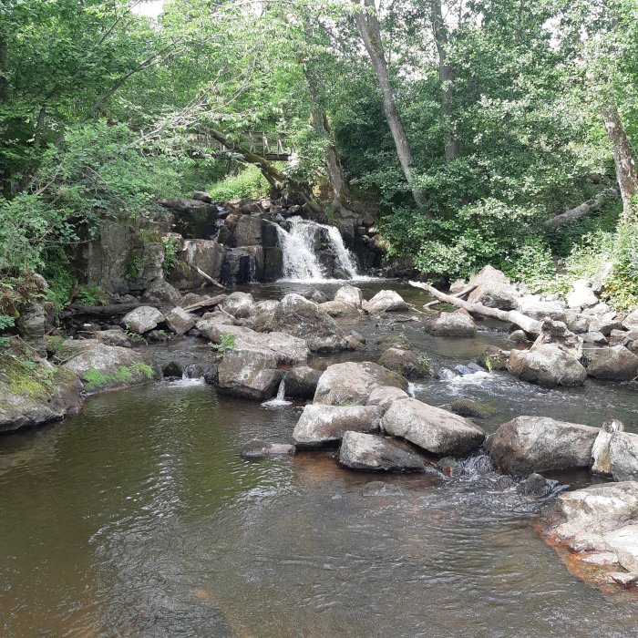 Naturskönt vattenfall och klippblock vid Hallamölla på Österlen.
