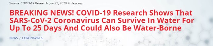 Skärmdump av nyhetsrubrik som säger "COVID-19 Research Shows That SARS-CoV-2 Coronavirus Can Survive In Water For Up To 25 Days And Could Also Be Water-Borne".
