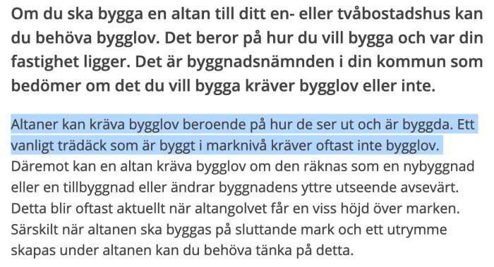 Skärmdump av text om bygglovsregler för altaner, med fokus på när bygglov vanligen inte krävs.