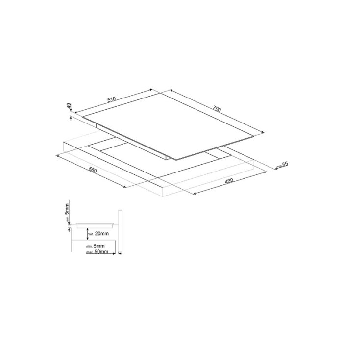 Teknisk ritning av SMEG 70cm bred spishäll med måttangivelser och fasettslipad kant.