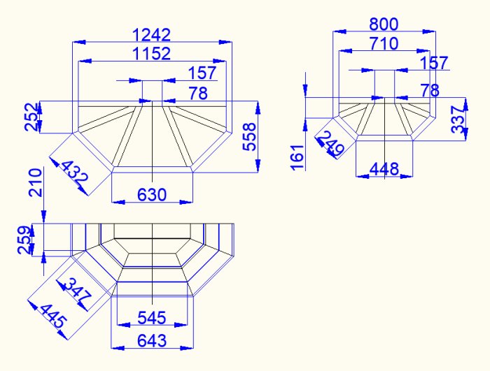 CAD-ritning av spiraltrappa med detaljerade mått och dimensioner