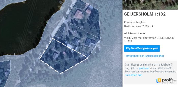 Satellitbild över fastigheten GEIJERSHOLM 1:182 med markerade tomtgränser i ett sommarstugeområde.