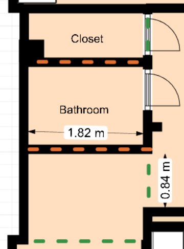 Ritning över badrum och angränsande utrymme med mått, tänkt för renovering och stambyte.