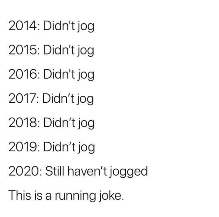 En lista från 2014 till 2020 där varje årsrad indikerar att personen inte har joggat, följt av texten "This is a running joke.