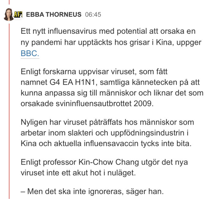 Skärmdump av en nyhetsartikel om influensaviruset G4 EA H1N1 med rubrik och text.