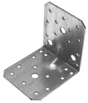 Metalliskt vinkeljärn med flera hål för genomgående skruv och mutter.