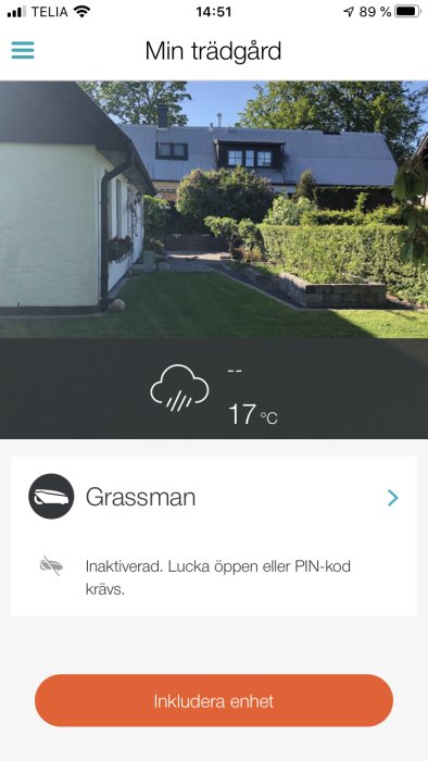 Skärmdump från app med visning av trädgård och meddelande om inaktiverad robotgräsklippare.