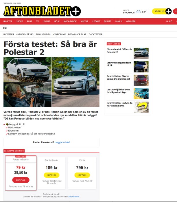 Skärmdump av en Aftonbladet artikel om Polestar 2 med bilder på bilen och en provkörande man.