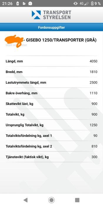 Skärmklipp av fordonsuppgifter från Transportstyrelsens webbplats för en Gisebo 1250 släpkärra.