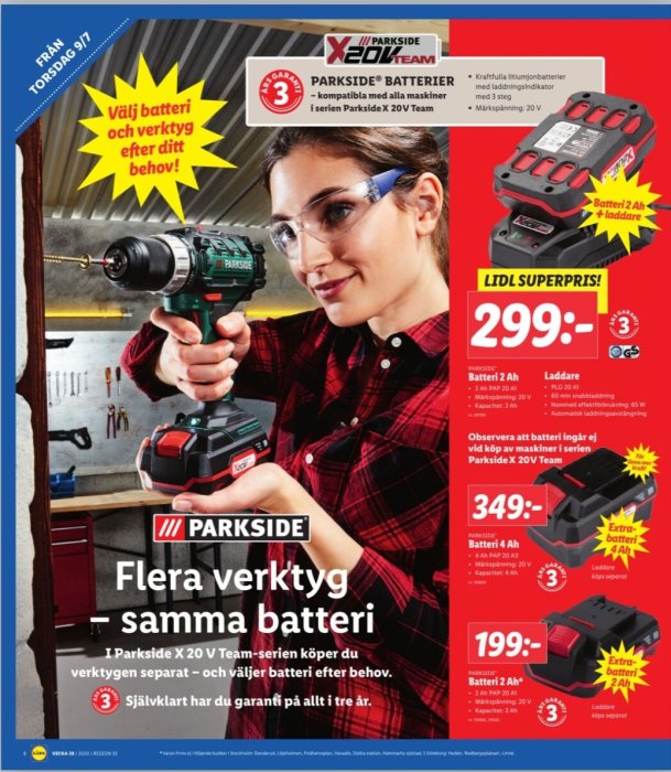 Reklambild för Parkside verktyg och batterier med priser och en kvinna som håller en borrmaskin.