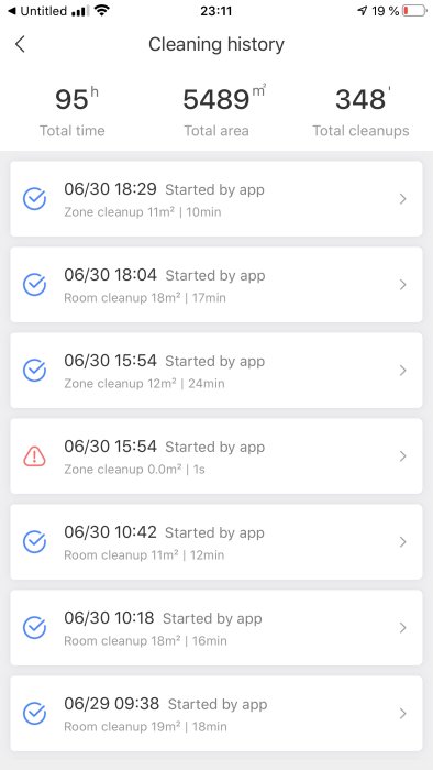 Skärmdump av en app som visar städrobotens städhistorik med tid, yta och antal städningar.