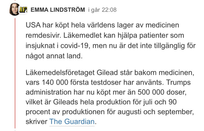 Skärmdump av ett foruminlägg om USA:s köp av Remdesivir och dess icke-tillgänglighet i andra länder.