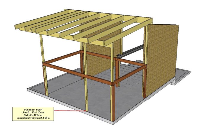 3D-modell av grund och stomme i trä med lastdetaljer, inklusive limträpelare och lecablock.