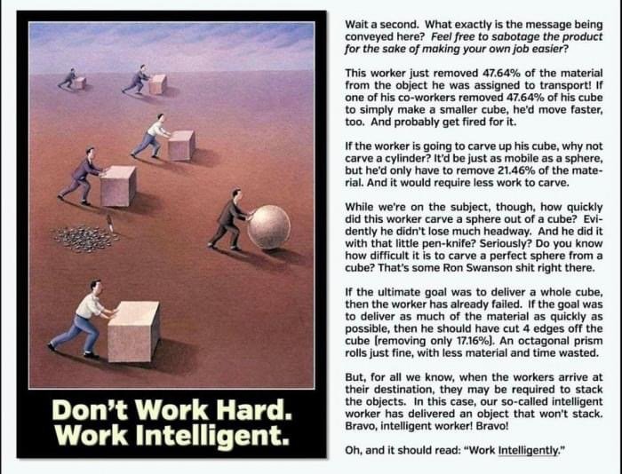 Satirisk serietidning som visar arbetare som bär kuber medan en annan rullar en boll och texten "Don't Work Hard. Work Intelligent.