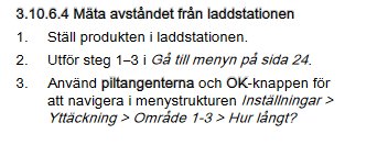 Textdokument med instruktioner för att mäta avståndet från laddstationen, inkluderar stegs instruktioner och meny navigering.
