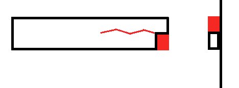 Schematisk illustration av en träregel med en markerad brottanvisning och spricka längs med fiberriktningen.