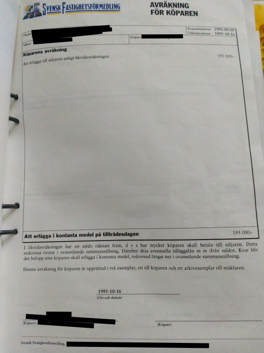 Dokument från mäklare med avräkning för köparen daterat 1995, kontrakt och tillträdesdatum synliga.