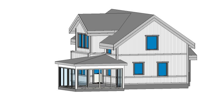 3D-modell av ett hus med tillbyggt uterum under tak med låg lutning, bredvid en balkong.