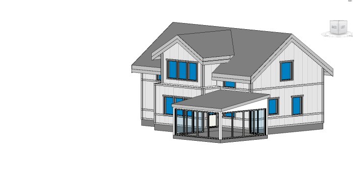 3D-modell av ett tvåvåningshus med sadeltak och integrerat pulpettak över entré.