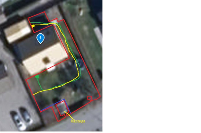 Översiktsbild av en trädgård med markerad robotgräsklippares gränser och frågetecken vid laddstationens placering.