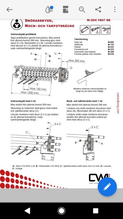 Monteringsanvisningar för snörasskydd och nock- samt takfotsräcke med detaljerade illustrationer och instruktionslistor.