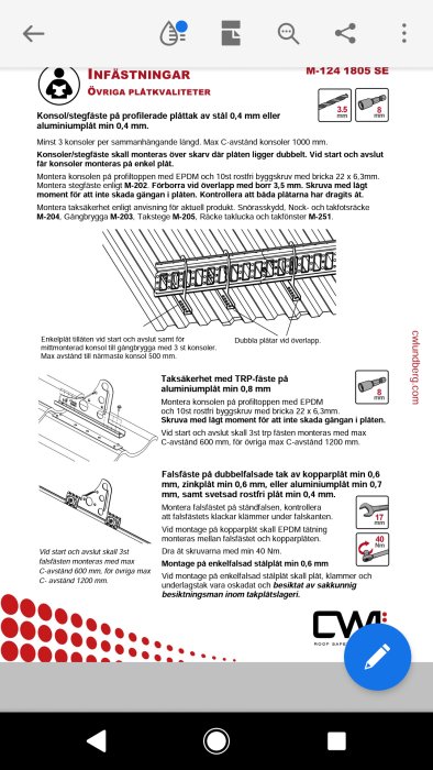 Teknisk instruktion för montering av konsoler och fäste på plåttak med måttangivelser och verktygsrekommendationer.