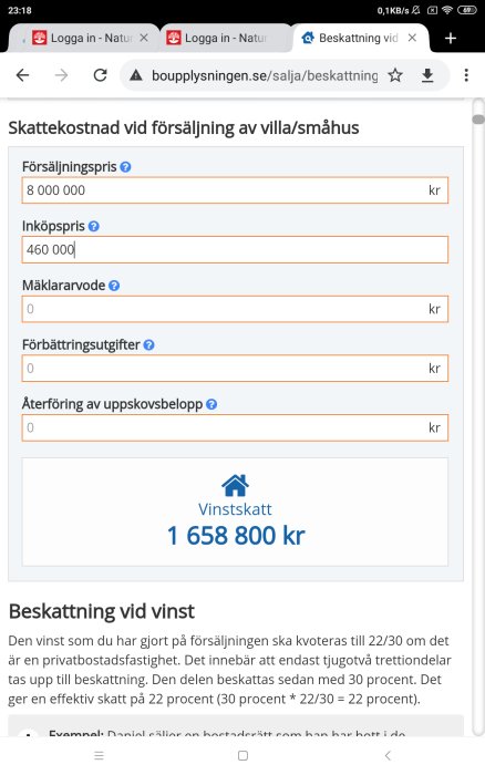 Skärmdump av en hemsida som visar beräkning av skattekostnad för försäljning av fastighet med vinstskatt på 1 658 800 kr.