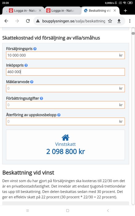 Skärmdump av webbsida som visar beräkning av vinstskatt på 2 098 800 kr för försäljning av villa/småhus.