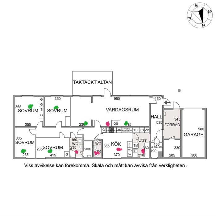 Husritning som visar tilluft (grönt) och frånluft (rött) för ett FTX-system i anslutning till öppen spis.