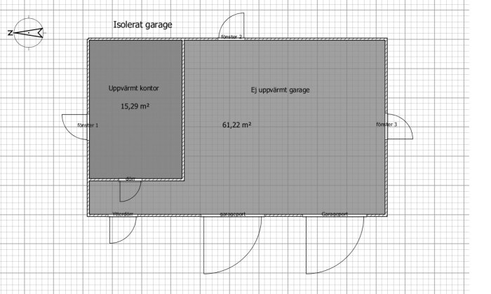 Ritning över isolerat garage med markerat uppvärmt kontor på 15,29m2 och ej uppvärmt område på 61,22m2, inklusive fönster och dörrar.