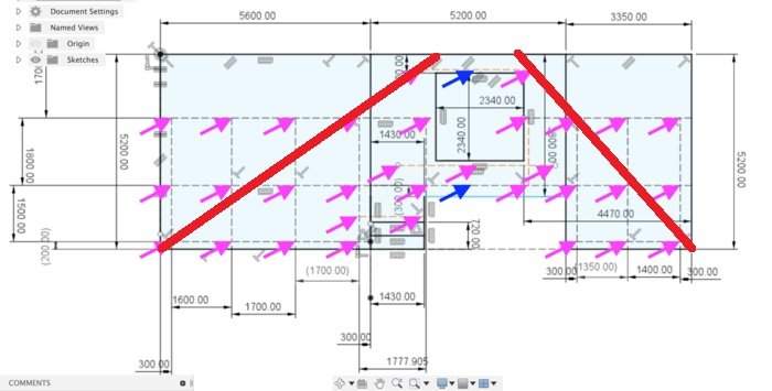 Ritning av en altankonstruktion med dimensioner och två röda diagonala förstärkningslinjer rekommenderade av Göran för stabilitet.