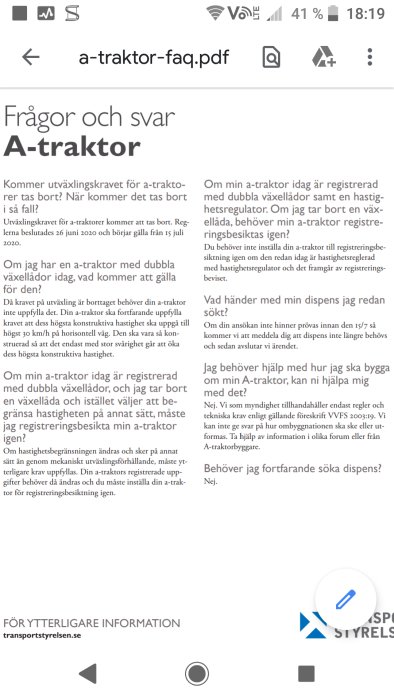 Skärmdump av en PDF-fil med FAQ om A-traktorer på en mobiltelefon.